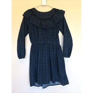 Crewcuts Navy Blue Green Plaid Corduroy Ruffle Collar Keyhole Back Dress Girl 14